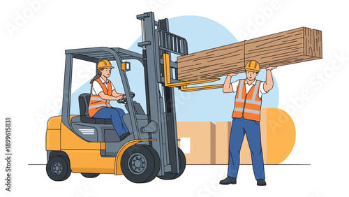Team of industrial workers wearing safety vests and hard hats collaborate to move a large wooden beam using a yellow forklift machine.