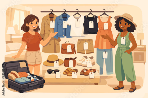 Two young women packing for vacation with stylish outfits and accessories