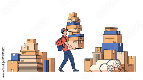 Dedicated delivery courier walks past stacks of parcels while balancing a tall precarious pile of cardboard boxes in his arms.