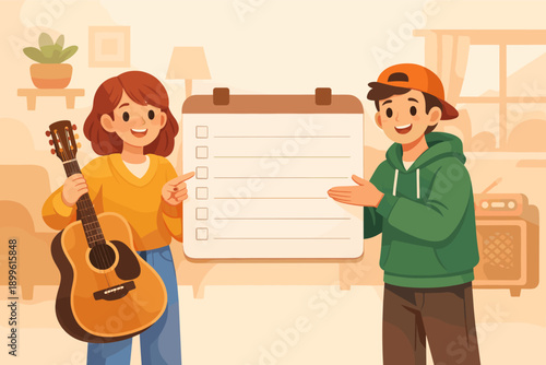 Young caucasian friends sharing guitar lessons and musical ideas indoors