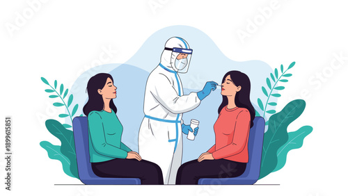 Medical worker wearing a full white hazmat suit performs a nasal swab test on a woman sitting in a chair surrounded by green plants.