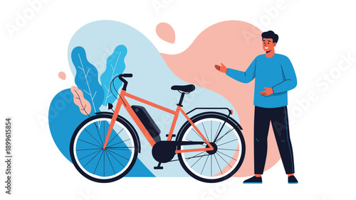 Modern electric bicycle with a battery pack is presented by a man in a blue shirt standing against a colorful abstract leafy background.