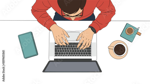 Overhead view shows a professional individual typing on a laptop computer with a cup of coffee and mobile devices on a clean white desk.