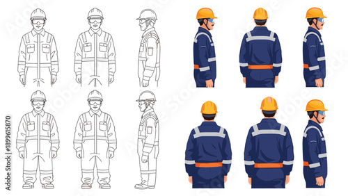 Technical illustration provides front side and back views of an industrial worker wearing a blue safety uniform and yellow hard hat.