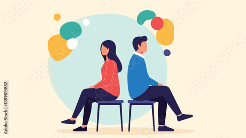 Man and woman sit back to back on chairs in a minimalist setting representing relationship conflict emotional distance or a disagreement.