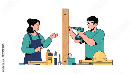 Creative couple works together on a woodworking project using a power drill on a wooden plank with various hand tools scattered nearby.