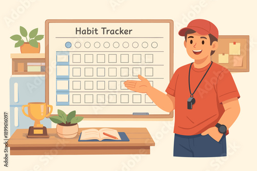 Young hispanic male coach presenting habit tracker for goal setting in office environment