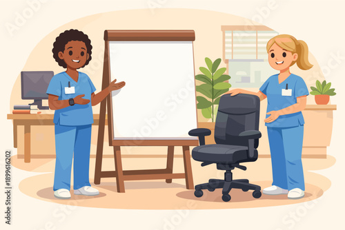 Two female nurses presenting in office setting with flipchart and office chair