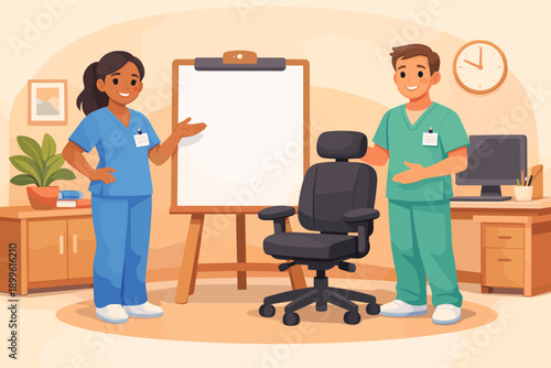 African female and caucasian male healthcare professionals in office setting with presentation board