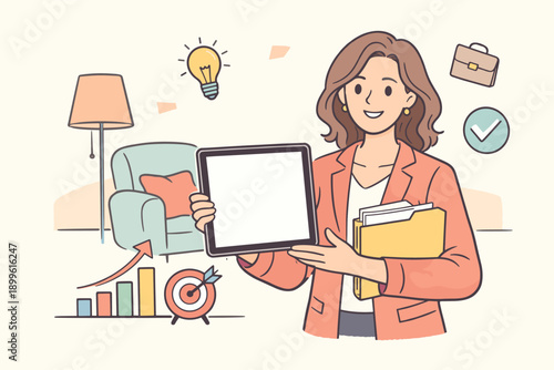 Female adult presenting tablet in home office setting with modern decor