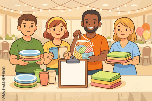 Diverse group of adults volunteering at event with supplies and smiles