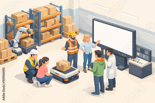 Diverse team discussing warehouse automation with robot and storage shelves