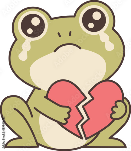 A cute cartoon frog with tear holds a broken heart, expressing sadness and emotion in a playful, illustrated style.