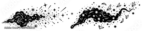 Celestial smoke with stars and sparkling cosmic magic dust in woodcut style