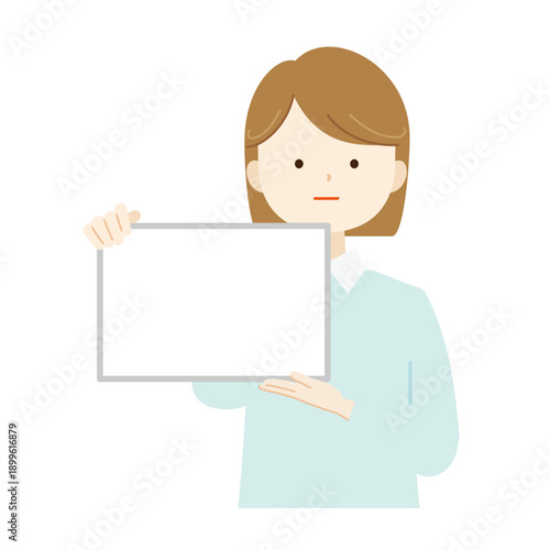 フリップボードを持って説明する女性の上半身イラスト　解説・プレゼン・案内