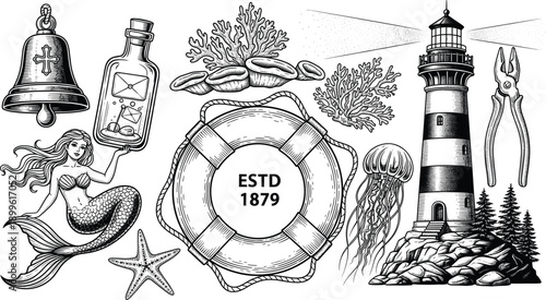 Vintage Nautical Engraving Illustration Set with Lighthouse Mermaid Lifebuoy Bottle Bell Jellyfish and Maritime Sea Elements