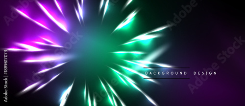 Abstract vibrant design features radiating lines. Green, purple hues dominate dark background. Modern aesthetic, dynamic energy present.