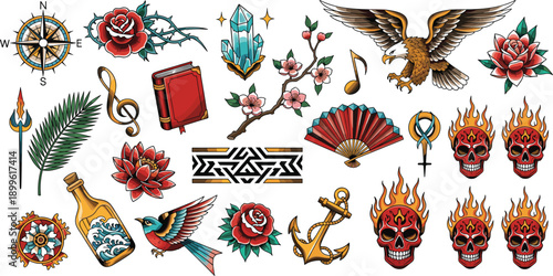 Vintage Tattoo Style Symbol Illustration Set with Anchor Compass Eagle Skull Flowers Flames and Ornamental Elements for Creative Designs