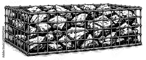 Gabion cage filled with large stones and rocks in vintage woodcut style illustration