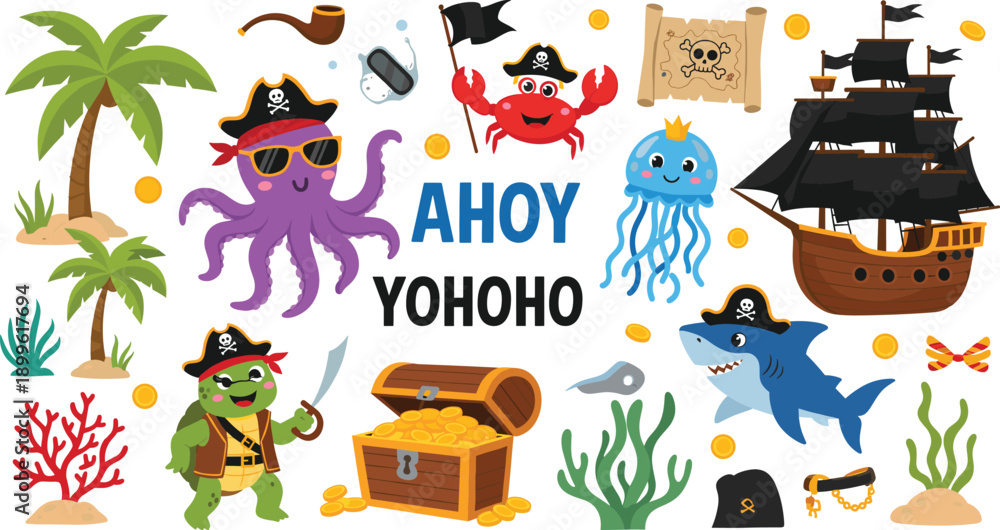 Naklejka premium Cute Pirate Cartoon Character Icon Set with Treasure Ship Octopus Shark and Nautical Adventure Elements for Kids Designs