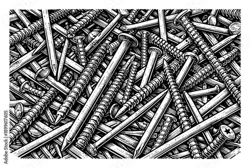 Detailed engraving illustration of scattered metal nails and screws background pattern
