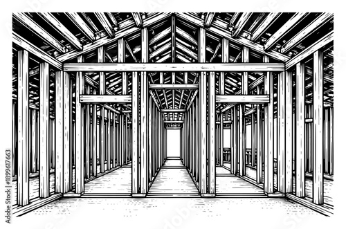 Interior perspective view of wooden house framing under construction site