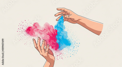 Hands Exchanging Colorful Powder in Mid-Air on White Background