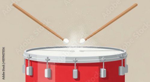 Red Snare Drum Being Hit by Drumsticks on Beige Background, Isolated, Vector Illustration