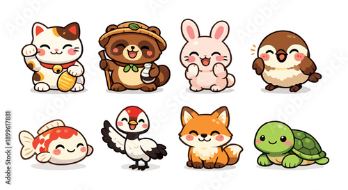 Cute japanese kawaii animals collection with cat, bunny, fox, and turtle