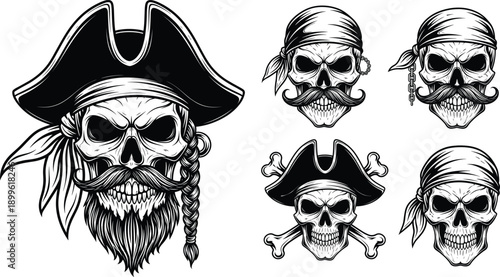 Pirate Skull Illustration Set with Bearded Buccaneer Heads Bandana Hats and Crossbones in Vintage Engraved Black and White Style