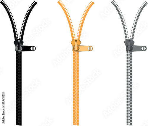 Zipper set illustration in black orange and gray colors isolated on white