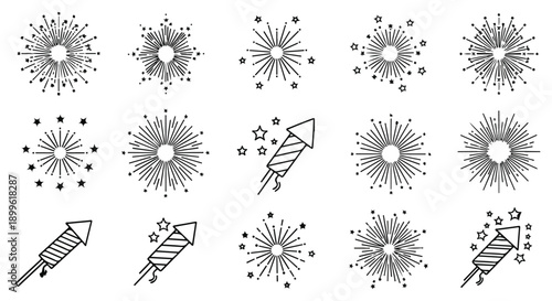 Vector black line fireworks and firecracker icons set, celebration explosion bursts, isolated on white