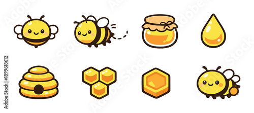 Cute cartoon bees and honey icons on gradient background