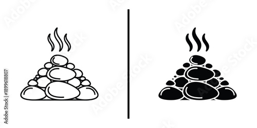A simple illustration of two piles of hot stones, one in black and white and the other in black, with steam rising from them.