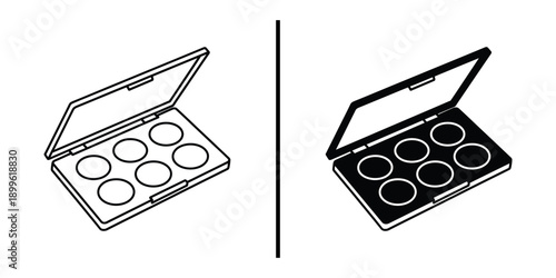 A black and white illustration of two open makeup palettes side by side
