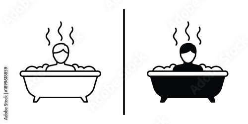 A person relaxing in a bathtub with steam rising, depicted in both black and white and color.