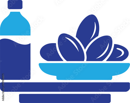 Iftar dates and water bottle icon. Ramadan fasting break, healthy Islamic meal, traditional religion food. Vector illustration