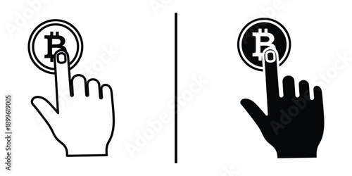 A hand interacting with a Bitcoin symbol in a contrasting black and white design