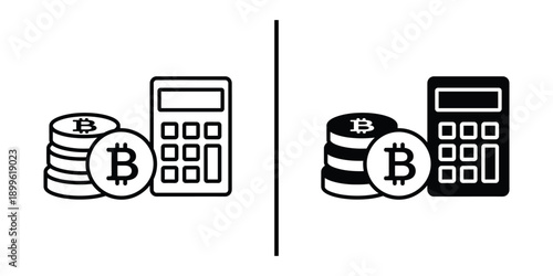 A graphic illustration of bitcoin coins and calculators in black and white for finance and cryptocurrency concepts