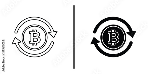 A Bitcoin logo with a circular arrow symbolizing exchange and rotation on a white background