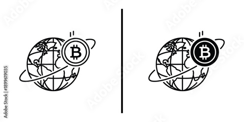 A black and white illustration of the Earth with cryptocurrency symbols orbiting around it.