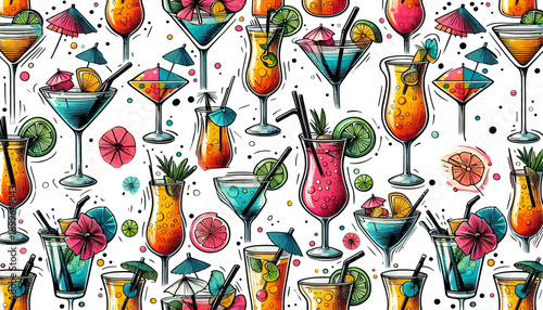 seamless colorful cocktail pattern with decorations in a fun cartoon style designs