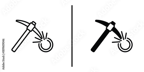 A black and white illustration of two pickaxes striking a coin, symbolizing mining and wealth.