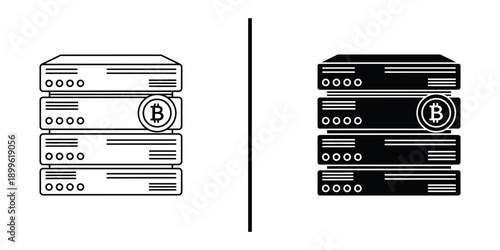 A black and white illustration of two server stacks with Bitcoin symbols, representing cryptocurrency and blockchain technology