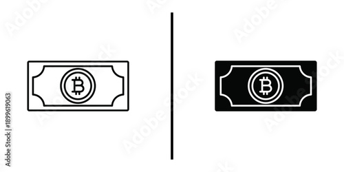 A black and white illustration of Bitcoin currency notes on a plain background