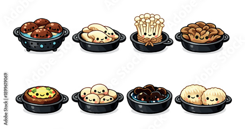 Cute kawaii asian dim sum and mushroom dishes with smiling faces
