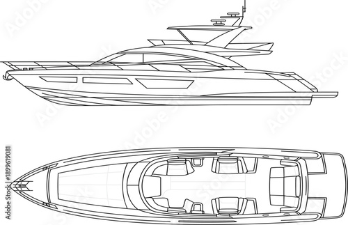 Side and top view of luxury yacht technical drawing vector, for nautical design and boat manufacturing