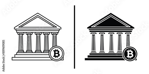 A black and white illustration of traditional and modern bank buildings with Bitcoin symbols