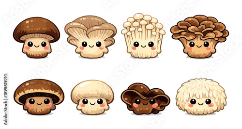 Cute cartoon mushrooms with faces and expressions