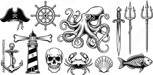 Vintage Pirate and Nautical Engraving Icon Set with Octopus Skull Lighthouse Anchor Trident and Maritime Sea Creature Illustrations